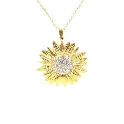 14 Ayar Altın Ayçiçek Kolye, Beyaz Taşlı - Nusrettaki