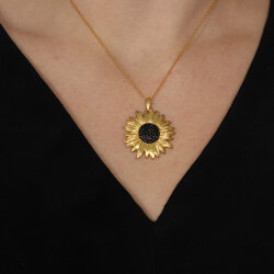 14 Ayar Altın Ayçiçek Kolye, Siyah Taşlı - Nusrettaki