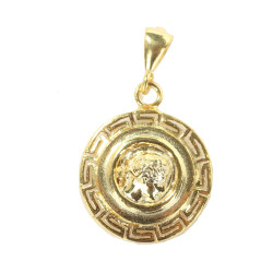 14 Ayar Altın Grek Desenli İskender Kafası Figürlü Madalyon Kolye Ucu - Thumbnail