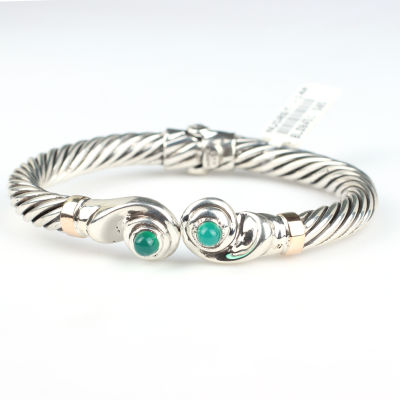 14 Ayar Altın & Gümüş Yeşim Taşlı Solucan Desenli Burma Bilezik - 4