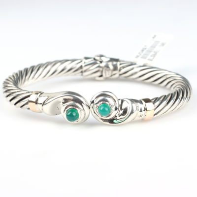 14 Ayar Altın & Gümüş Yeşim Taşlı Solucan Desenli Burma Bilezik - 5