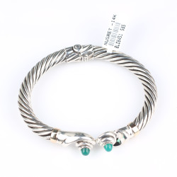 14 Ayar Altın & Gümüş Yeşim Taşlı Solucan Desenli Burma Bilezik - 6