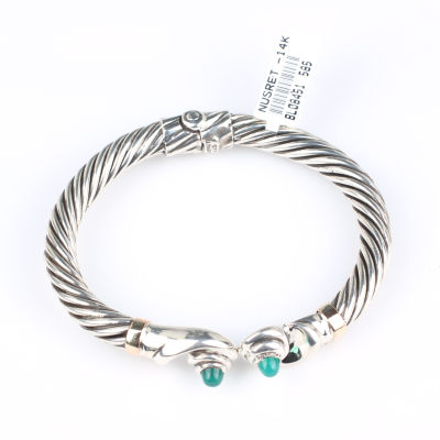 14 Ayar Altın & Gümüş Yeşim Taşlı Solucan Desenli Burma Bilezik - 6