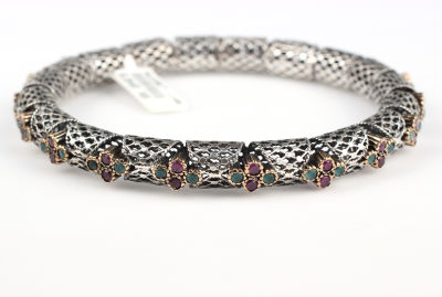 14 Ayar Altın & Gümüş Zümrüt ve Yakut Taşlı Füzyon Bilezik - 5