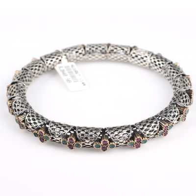 14 Ayar Altın & Gümüş Zümrüt ve Yakut Taşlı Füzyon Bilezik - 6