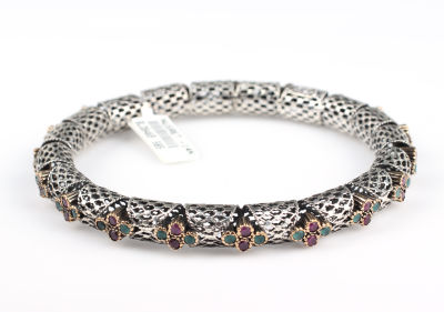 14 Ayar Altın & Gümüş Zümrüt ve Yakut Taşlı Füzyon Bilezik - 4