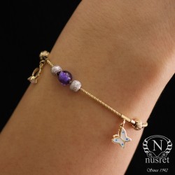 14K Gold Tiny Bracelet with Amethyst Adjustable Chain - Nusrettaki