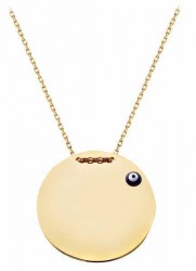 14K Gold Disc Plate Pendant Necklace with Evil Eye - Nusrettaki