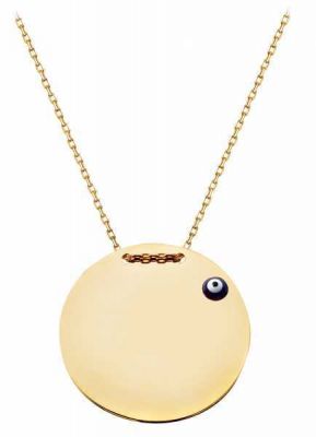 14K Gold Disc Plate Pendant Necklace with Evil Eye - 1