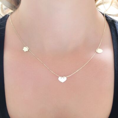 14K Gold Heart & Clover Model Necklace - 1