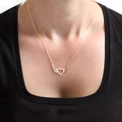 14K Gold Heart Angel Wing Necklace - 1