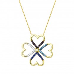 14K Gold Clover Heart Necklace with CZ - Nusrettaki