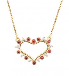 14K Gold Heart Necklace with Red & White CZ - Nusrettaki (1)