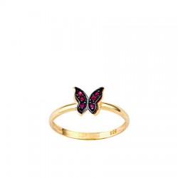 14K Gold Tiny Butterflies Model Ring with Red Stone - Nusrettaki