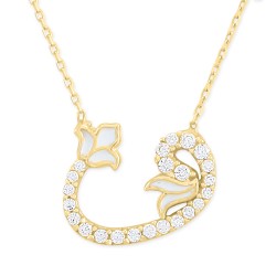 14k Gold Tulip & Vav Arabic Letter Design Necklace with CZ - Nusrettaki