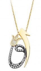 Tulip & Elif & Vav Arabic Letter Design Gold Necklace - Nusrettaki