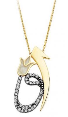 Tulip & Elif & Vav Arabic Letter Design Gold Necklace - 1
