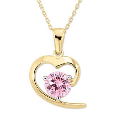 14K Gold Open Heart Necklace with Pink CZ - 1