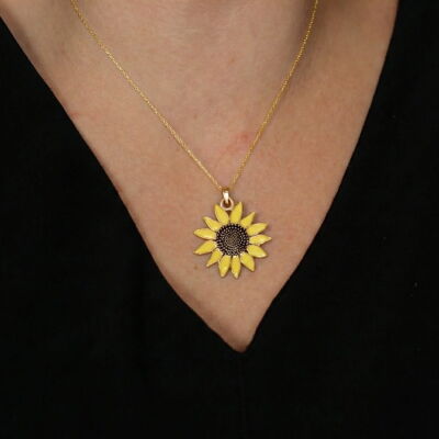 14 Ayar Altın Sarı Mineli Ayçiçek Kolye - 1