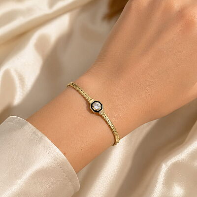 14 Ayar Altın Sık Örgülü Taşlı Zincir Bileklik - 1