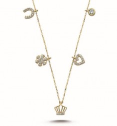 Gold Crown & Heart & Snowflake Lucky Necklace - Nusrettaki