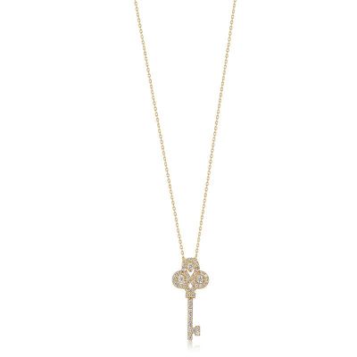14K Gold Clover Key Necklace with CZ - 1