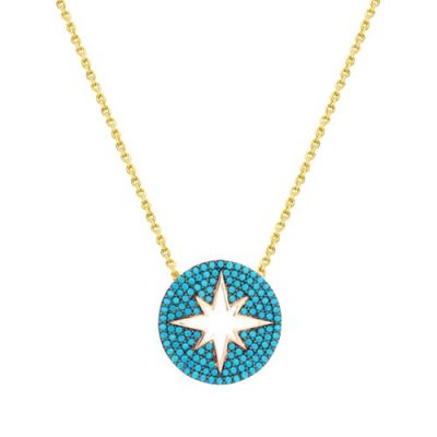 14 Ayar Altın Turkuaz Taşlı Yıldız Kolye - 1