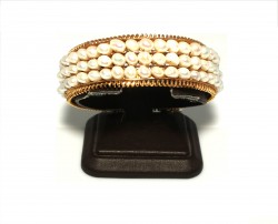 14K Gold Bangle Bracelet, Three Rows Pearl Design - 2