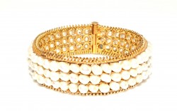 14K Gold Bangle Bracelet, Three Rows Pearl Design - Nusrettaki