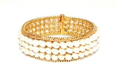14K Gold Bangle Bracelet, Three Rows Pearl Design - 1