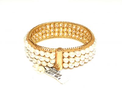 14K Gold Bangle Bracelet, Three Rows Pearl Design - 3