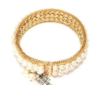 14K Gold Bangle Bracelet, Three Rows Pearl Design - 4