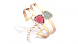 14K Gold Bangle Bracelet, Triangles Red & Grey Design - 2