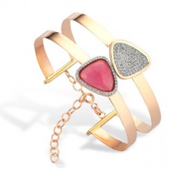 14K Gold Bangle Bracelet, Triangles Red & Grey Design - 1
