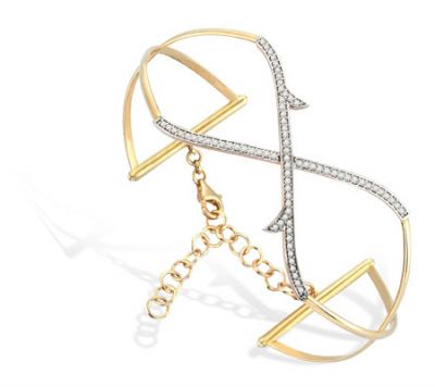 14K Gold Branch Design Cuff Bangle Bracelet with CZ - 1