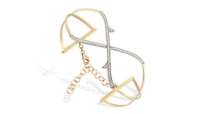 14K Gold Branch Design Cuff Bangle Bracelet with CZ - 2