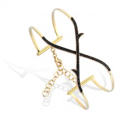 14K Gold Branch Design Cuff Bangle Bracelet with Onyx - Nusrettaki