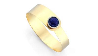 14K Gold Designer Bangle Bracelet With Sapphire - 4