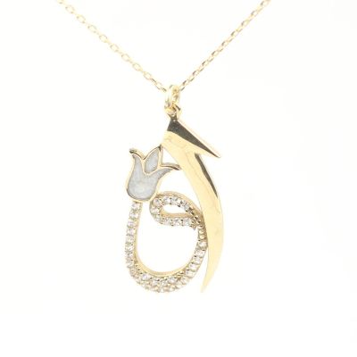 14K Gold Elif & Vav Arabic Letter Necklace with White Zircon Stones - 2