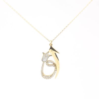 14K Gold Elif & Vav Arabic Letter Necklace with White Zircon Stones - 5