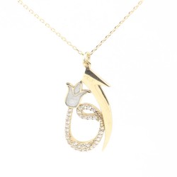 14K Gold Elif & Vav Arabic Letter Necklace with White Zircon Stones - 6