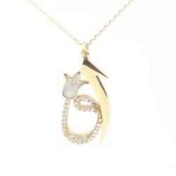 14K Gold Elif & Vav Arabic Letter Necklace with White Zircon Stones - Nusrettaki (1)