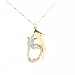 14K Gold Elif & Vav Arabic Letter Necklace with White Zircon Stones - 4