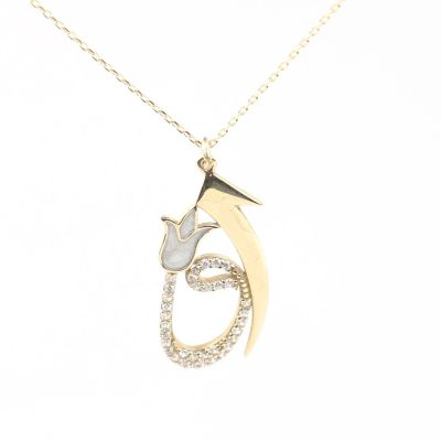 14K Gold Elif & Vav Arabic Letter Necklace with White Zircon Stones - 4