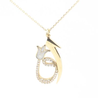 14K Gold Elif & Vav Arabic Letter Necklace with White Zircon Stones - 6