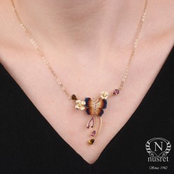14K Gold Enameled Butterfly & Wishbone Necklace - 1