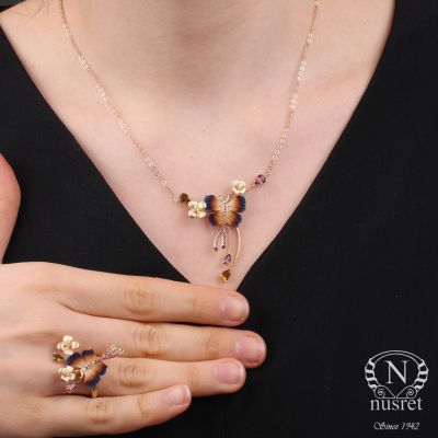 14K Gold Enameled Butterfly & Wishbone Necklace - 5