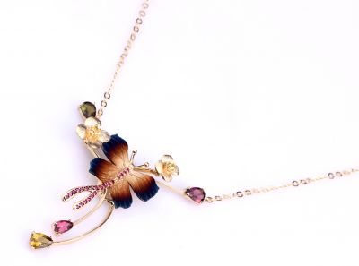 14K Gold Enameled Butterfly & Wishbone Necklace - 7