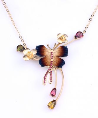 14K Gold Enameled Butterfly & Wishbone Necklace - 8