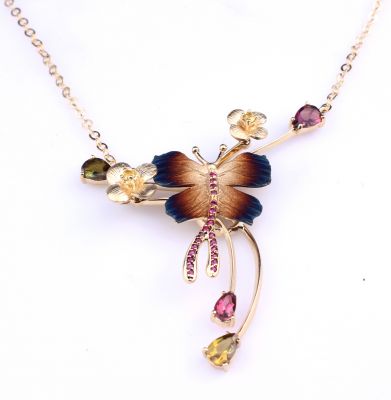 14K Gold Enameled Butterfly & Wishbone Necklace - 9